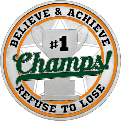 Dark Green "Champs!" with Orange Outer Circular Borders